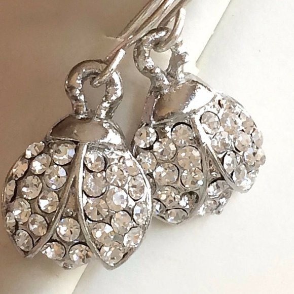 Silver Crystal Ladybug Earrings Sparkly Dainty - Picture 2 of 8